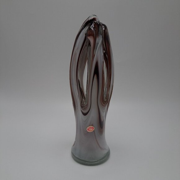 Hand Blown Murano Style Art Glass Vase Brown Swirl Design Mexico Vintage - Picture 1 of 11
